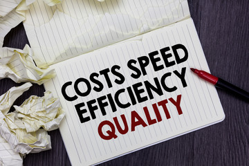 Writing note showing Costs Speed Efficiency Quality. Business photo showcasing Efficient operation...