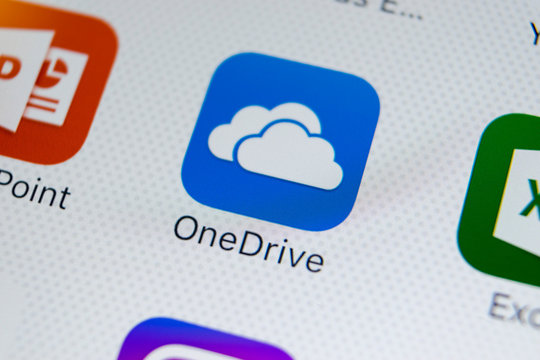 Sankt-Petersburg, Russia, March 1, 2018: Microsoft OneDrive application icon on Apple iPhone X screen close-up. Microsoft onedrive app icon. Microsoft OneDrive application. Social media network