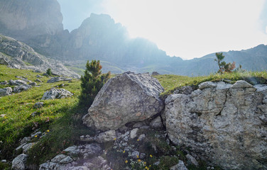 view from Gruppo del Catinaccio Rosengarten Group Dolomites, Italy, Hirzelweg