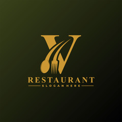 Initial Letter V Logo with Spoon And Fork for Restaurant logo Template. Editable file EPS10.