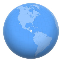 Nicaragua on the globe. Earth centered at the location of the Republic of Nicaragua. Map of Nicaragua. Includes layer with capital cities.