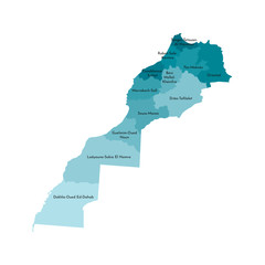 Vector isolated illustration of simplified administrative map of Morocco (including disputed territory of Western Sahara). Borders and names of the regions. Colorful blue khaki silhouettes