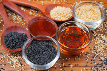 Sesame seeds white black and sesame oil 