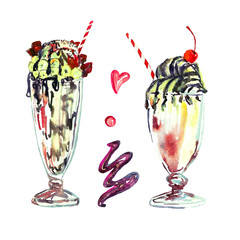 Milkshakes collection with straw and cherry on the top, watercolor hand painted illustration