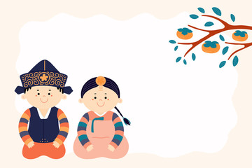 Hand drawn vector illustration for Korean holiday Chuseok with cute children, boy and girl, in hanboks, persimmon tree branch. Flat style design. Concept for card, poster, banner.