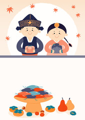 Hand drawn vector illustration for Korean holiday Chuseok with cute kids, boy, girl, in hanboks, holiday gifts, persimmons, mooncakes, moon, leaves. Flat style design. Concept for card, poster, banner