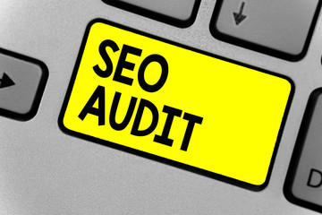 Writing note showing Seo Audit. Business photo showcasing Search Engine Optimization validating and verifying process Keyboard yellow key Intention computer computing reflection document