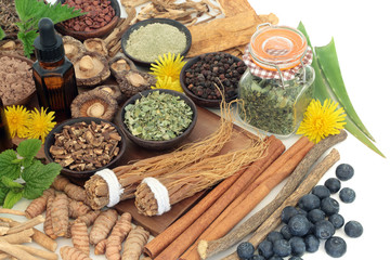 Adaptogen food with herbs, spices, fruit, essential oil & supplement powders. Used in herbal...