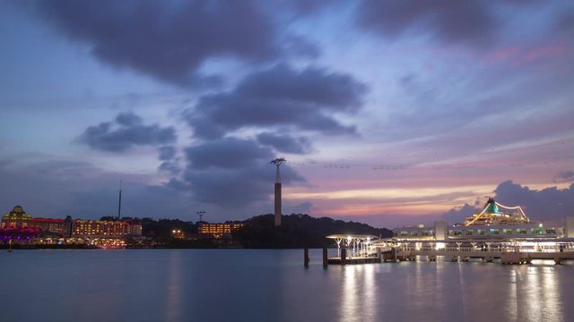 sunset night illumination singapore city sentosa island dock bay panorama 4k timelapse