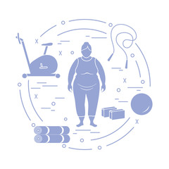 Fat woman and different sports equipment.