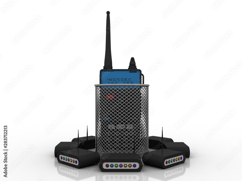 Poster 3d rendering latest radio transceivers in bin with wifi modem network