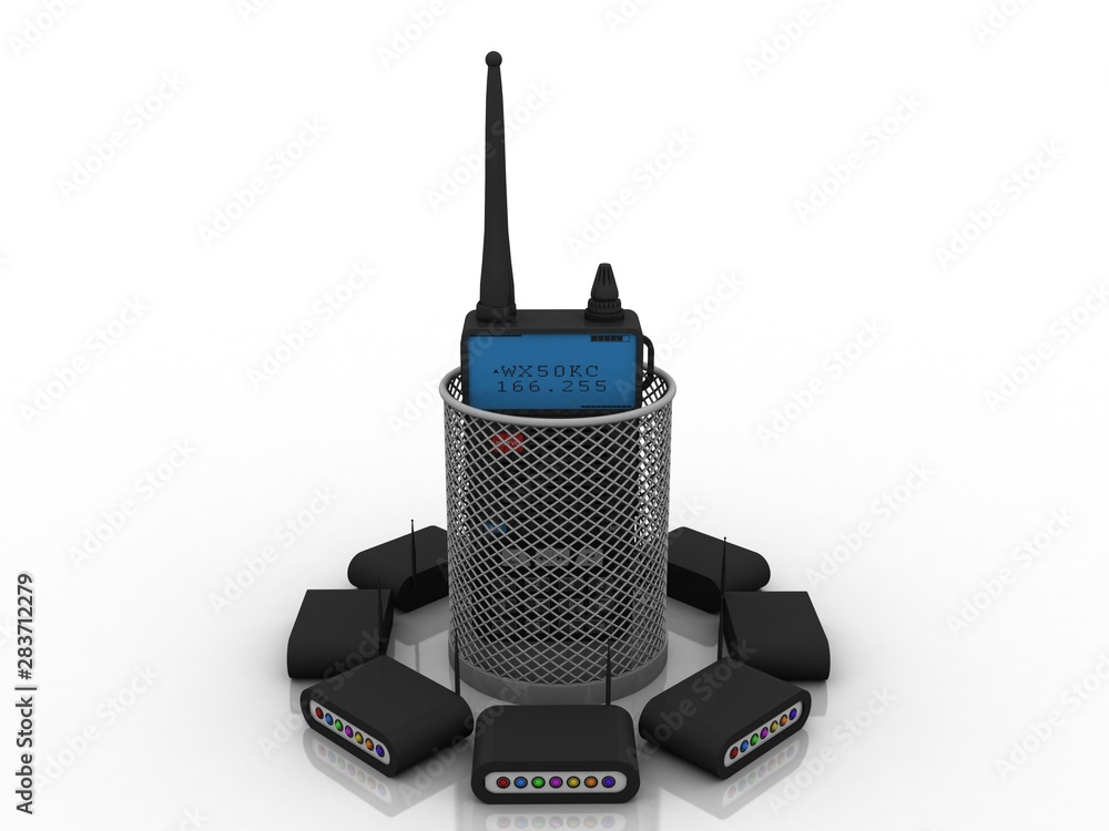 Poster 3d rendering latest radio transceivers in bin with wifi modem network