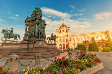 Panoramic cityscape view of the Fine Arts Museum at Maria Theresien Square in Vienna at sunset, Travel landmark in Austria concept