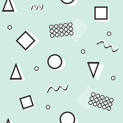 Modern Memphis pattern in black and white colors on the neo-mint background. Vector seamless geometric illustration on neo mint backdrop. Retro fashion shape style from 80s and 90s. Printable design.