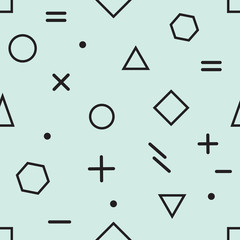 Modern Memphis pattern in black color on the neo-mint background. Vector seamless geometric illustration on neo mint backdrop. Retro fashion shape style from 80s and 90s. Printable design.