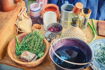 Vintage life of pioneers in America in the wild West. Utensils for food and drinks residents of the United States in the old days. Household Americans during creation US in the wild West.