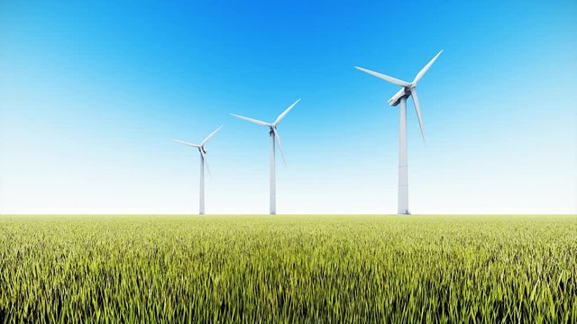 Wind turbines in the field with camera moving around. Production of alternative renewable energy. Environmental conservation concept.