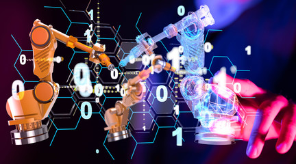 Industry 4.0 concept -  Robot arm in smart factory background.