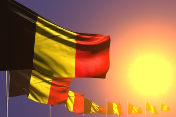pretty anthem day flag 3d illustration. - many Belgium flags placed diagonal on sunset with place for your content
