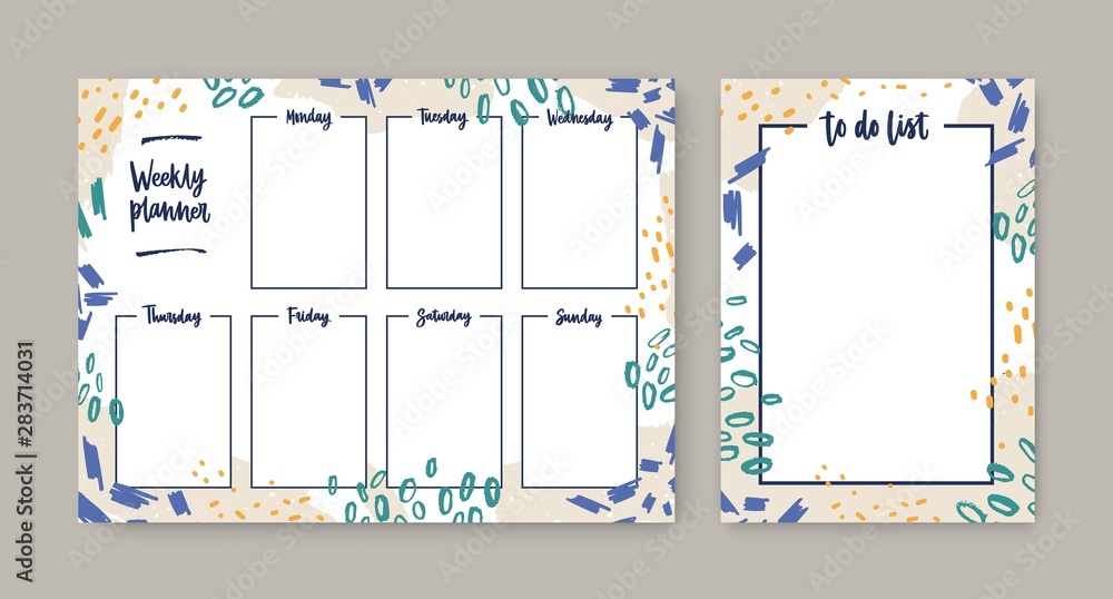 Aufkleber Collection of weekly planner with weekdays and to-do-list templates with frame decorated by colorful daub, paint marks and brush strokes. Printable pages for task planning. Modern vector illustration.