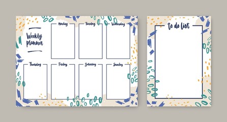 Collection of weekly planner with weekdays and to-do-list templates with frame decorated by colorful daub, paint marks and brush strokes. Printable pages for task planning. Modern vector illustration. - obrazy, fototapety, plakaty
