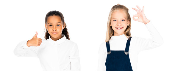 panoramic shot of two multicultural schoolgirls showing thumb up and ok gesture isolated on white