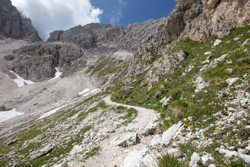 Mugoni's small mountain group Cima Sud South summit and Zigolade pass as seen f in the middle of Catinaccio Rosengarten massif, Dolomites, Sout Tyrol, Italy
