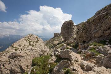 Fototapeta premium Mugoni's small mountain group Cima Sud South summit and Zigolade pass as seen f in the middle of Catinaccio Rosengarten massif, Dolomites, Sout Tyrol, Italy