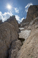 Mugoni's small mountain group Cima Sud South summit and Zigolade pass as seen f in the middle of Catinaccio Rosengarten massif, Dolomites, Sout Tyrol, Italy