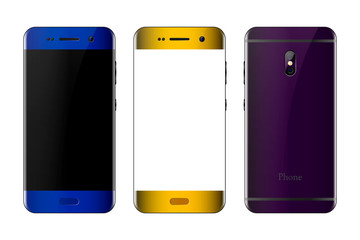 Phone front and back view on white background, smartphone layout with empty space, realistic vector illustration