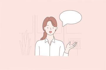 Young beautiful woman or clerk holds a webinar, Blog, Vlog, advertises in front of the webcam at the office. Confident Businesswoman makes a presentation, training. Cartoon flat Design Isolated Vector