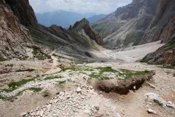 Mugoni's small mountain group Cima Sud South summit and Zigolade pass as seen f in the middle of Catinaccio Rosengarten massif, Dolomites, Sout Tyrol, Italy
