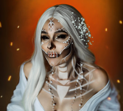 woman with creative professional makeup Calavera Catrina. The image of a gray-haired witch in a white, vintage, wedding dress. Unusual make-up with beads pearls. Black scleral lenses for the whole eye