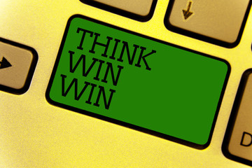 Conceptual hand writing showing Think Win Win. Business photo text Business Strategy Competition Challenge Way to be success Keyboard green create computer computing reflection document