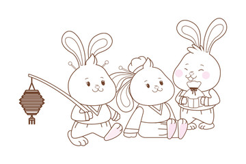 Rabbits celebrating mid autumn festival cartoons in black and white
