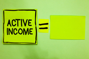 Word writing text Active Income. Business concept for Royalties Salaries Pensions Financial Investments Tips Green paper notes reminders equal sign important messages to remember