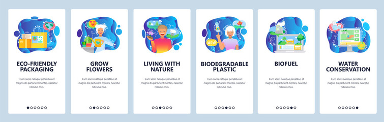 Mobile app onboarding screens. Eco-friendly packaging, recycling, water conservation, biofuel. Menu vector banner template for website and mobile development. Web site design flat illustration