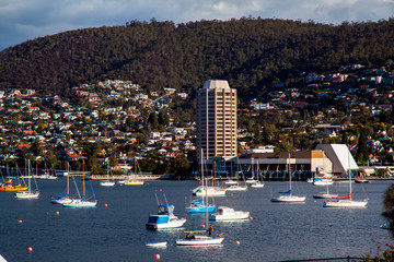 View across Sandy Bay towards Wrest Point Casino in Hobart, Tasmania.