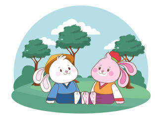 Obraz na płótnie Canvas Rabbits in mid autumn festival cartoons