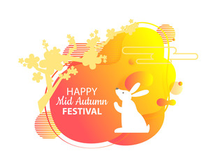 Mid autumn festival celebration vector, bunny furry animal with tree and foliage abstract design banner with rabbit, Chinese holiday event in China