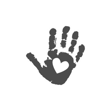 Vector concept or conceptual cute paint human hand or handprint of child with heart inside isolated on white background for art, childhood, fun, happy, infant, symbol