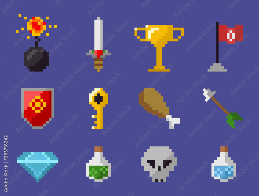 Poster skull and potion in bottle vector, isolated set of icons from pixel game, bomb and chicken, sword an