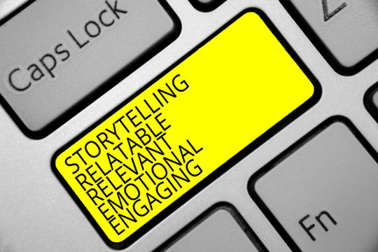 Text sign showing Storytelling Relatable Relevant Emotional Engaging. Conceptual photo Share memories Tales Keyboard yellow key Intention create computer computing reflection document
