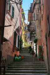 Fototapeta premium Narrow staircase between colorful houses in the old town of Monterosso, Cinque Terra village on the Mediterranean sea coast in Liguria, Italy