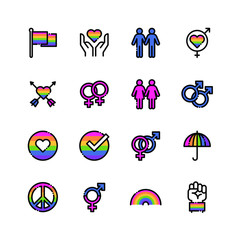 LGBT, LGBTQ color linear icons set. Homosexual love and flag illustration.