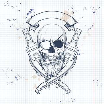 Sketch pirate skull with sword