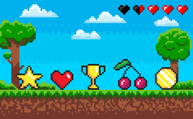 Obraz na płótnie Canvas Pixel game scene vector, icons laying on ground. Tree and grass, trophy and heart, star and cherry, coin point score, meadow with sky and life scale, pixelated objects for video-game
