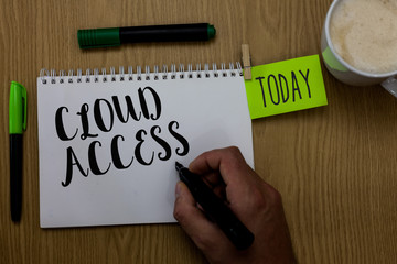 Writing note showing Cloud Access. Business photo showcasing Software tool between the organization and the provider Man holding marker notebook clothepin reminder wooden table cup coffee