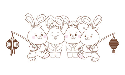 Rabbits celebrating mid autumn festival cartoons in black and white