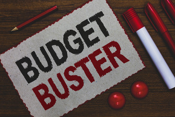 Conceptual hand writing showing Budget Buster. Business photo showcasing Carefree Spending Bargains...